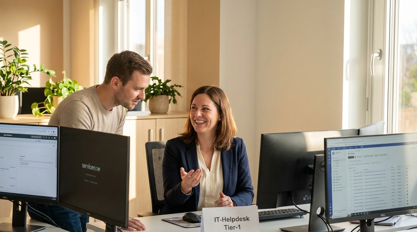 KI Avatar als IT-Helpdesk First Level: ServiceNow- und Jira-Integration für Mitarbeiter-Support: Hero-Visualisierung IT-Service-Desk-Arbeitsplatz (Symbolische, KI-generierte Darstellung. Keine reale Aufnahme.)