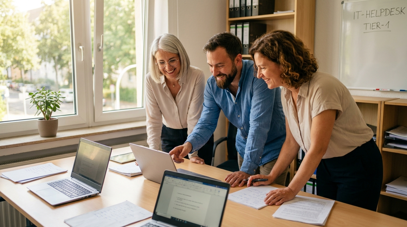 KI Avatar als IT-Helpdesk First Level: ServiceNow- und Jira-Integration für Mitarbeiter-Support: Branchenkontext Helpdesk-Team und Mitarbeitende (Symbolische, KI-generierte Darstellung. Keine reale Aufnahme.)