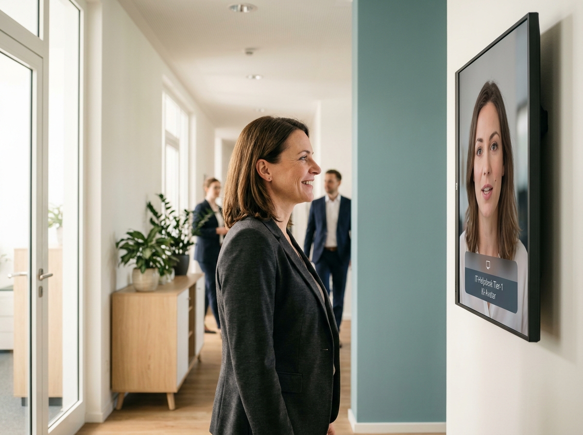 KI Avatar als IT-Helpdesk First Level: ServiceNow- und Jira-Integration für Mitarbeiter-Support: Interaktiver KI-Avatar als First Level-Instanz vor ServiceNow und Jira im Einsatz (Symbolische, KI-generierte Darstellung. Keine reale Aufnahme.)