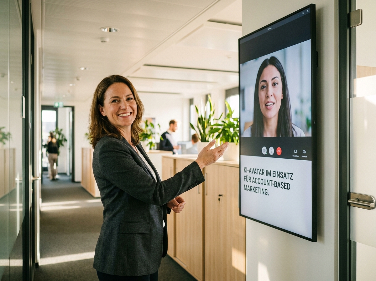 KI Avatar für Account-Based Marketing: Hyperpersonalisierte 1:1-Videos für Target-Accounts: Interaktiver KI-Avatar in der Videobotschaft im Einsatz (Symbolische, KI-generierte Darstellung. Keine reale Aufnahme.)