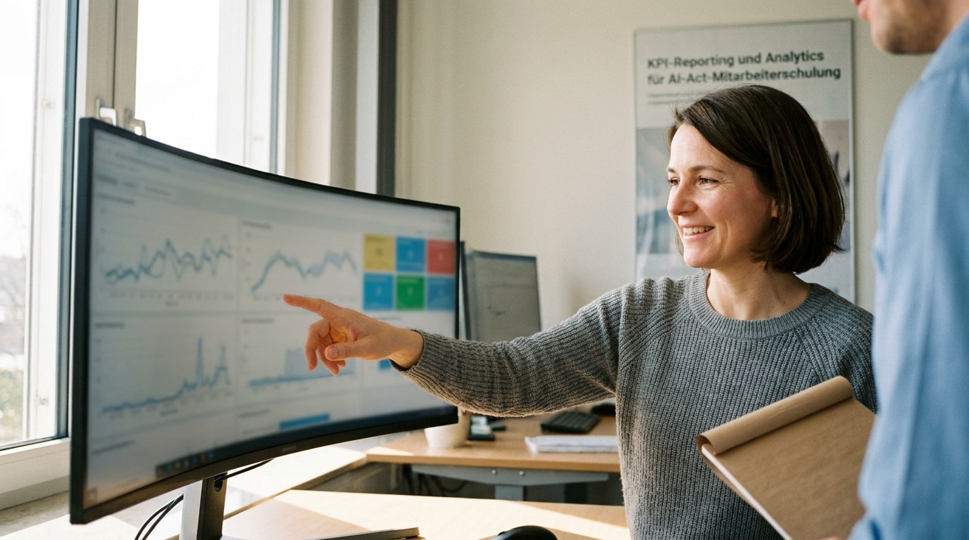 KI Avatar für AI-Act-Mitarbeiterschulungen und Kompetenznachweise nach Art. 4: Lern-Analytics und Kompetenznachweis-Dashboard (Symbolische, KI-generierte Darstellung. Keine reale Aufnahme.)