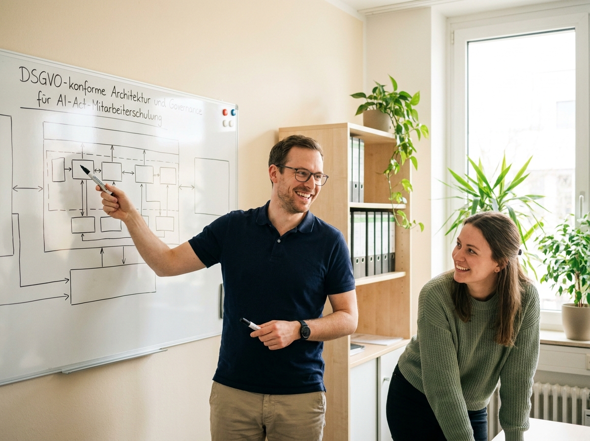 KI Avatar für AI-Act-Mitarbeiterschulungen und Kompetenznachweise nach Art. 4: DSGVO-konforme Schulungs-Architektur und Governance (Symbolische, KI-generierte Darstellung. Keine reale Aufnahme.)