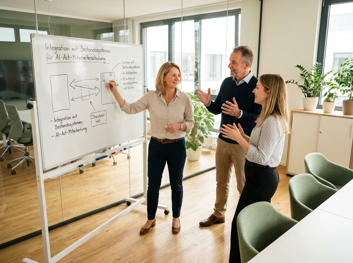 KI Avatar für AI-Act-Mitarbeiterschulungen und Kompetenznachweise nach Art. 4: Integration mit LMS, HR-System und Identitaetsmanagement (Symbolische, KI-generierte Darstellung. Keine reale Aufnahme.)