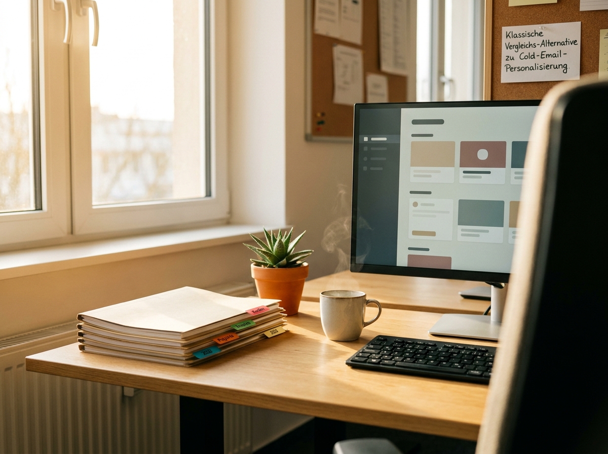 KI Avatar für Cold-Email-Personalisierung: Individuelle Videobotschaften im B2B-Outbound: Klassischer Cold-Email-Versand ohne Video zum Vergleich (Symbolische, KI-generierte Darstellung. Keine reale Aufnahme.)