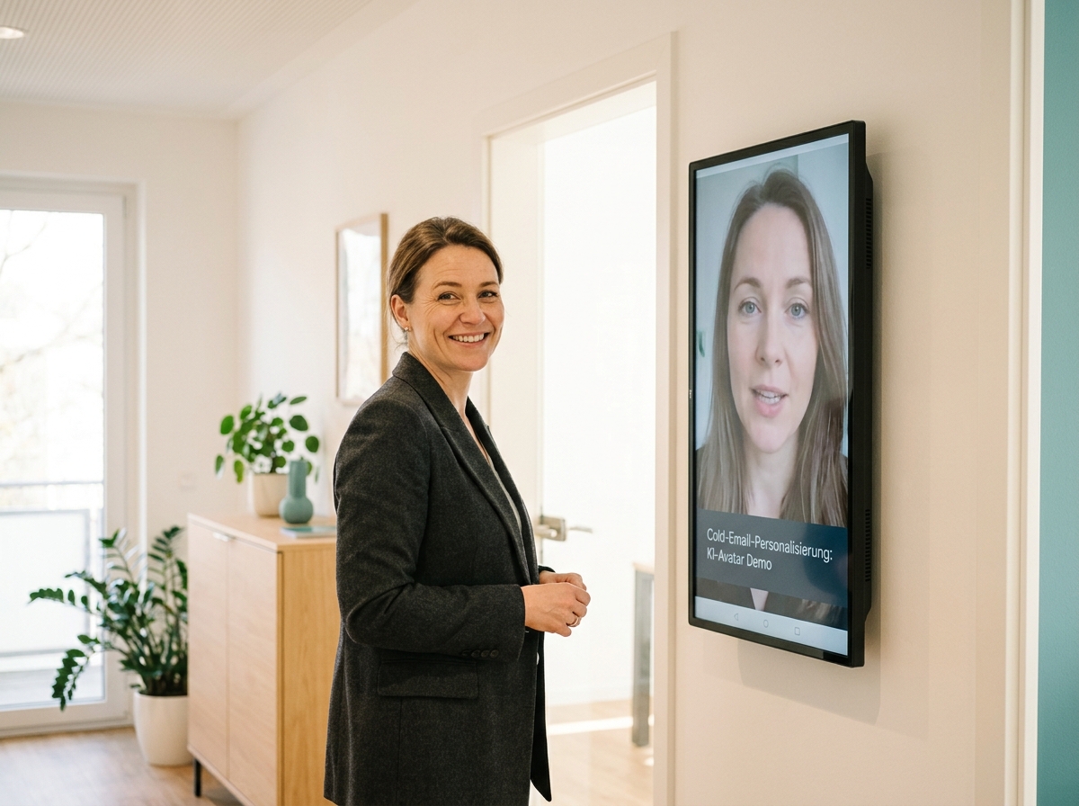 KI Avatar für Cold-Email-Personalisierung: Individuelle Videobotschaften im B2B-Outbound: Interaktiver KI-Avatar in der Cold-Email-Videobotschaft im Einsatz (Symbolische, KI-generierte Darstellung. Keine reale Aufnahme.)