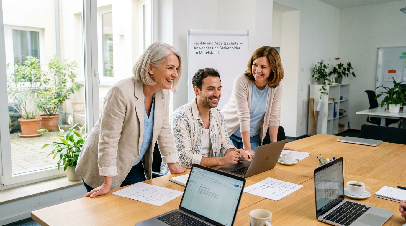 KI Avatar für Facility- und Arbeitsschutz-Anfragen: Raumbuchung, Unterweisungen, Incident-Meldung: Branchenkontext Arbeitsschutz und Mitarbeitende (Symbolische, KI-generierte Darstellung. Keine reale Aufnahme.)
