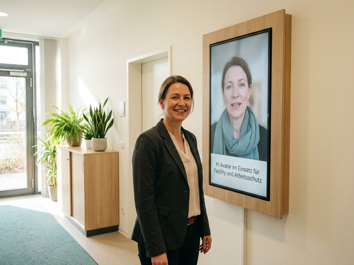 KI Avatar für Facility- und Arbeitsschutz-Anfragen: Raumbuchung, Unterweisungen, Incident-Meldung: Interaktiver KI-Avatar für Raumbuchung und Unterweisung im Einsatz (Symbolische, KI-generierte Darstellung. Keine reale Aufnahme.)
