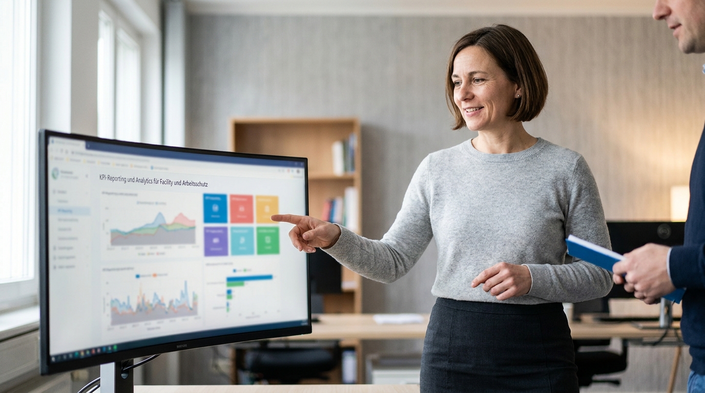 KI Avatar für Facility- und Arbeitsschutz-Anfragen: Raumbuchung, Unterweisungen, Incident-Meldung: Facility-Analytics und Compliance-Dashboard (Symbolische, KI-generierte Darstellung. Keine reale Aufnahme.)