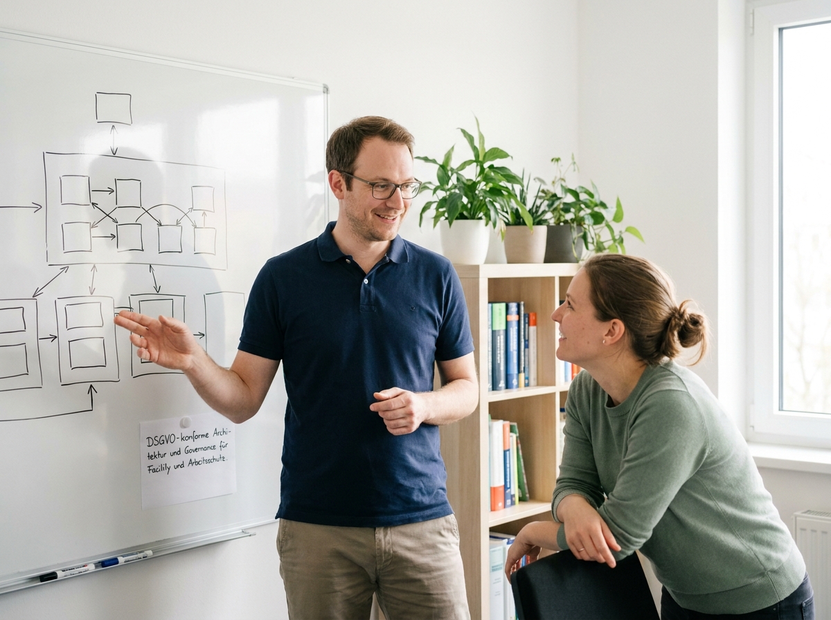 KI Avatar für Facility- und Arbeitsschutz-Anfragen: Raumbuchung, Unterweisungen, Incident-Meldung: DSGVO-konforme Facility-Architektur und Governance (Symbolische, KI-generierte Darstellung. Keine reale Aufnahme.)