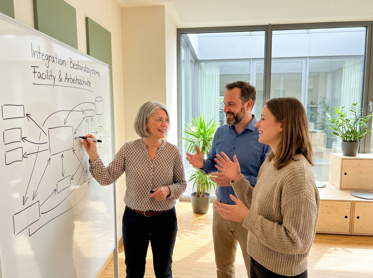 KI Avatar für Facility- und Arbeitsschutz-Anfragen: Raumbuchung, Unterweisungen, Incident-Meldung: Integration mit IWMS, BIM und HR-System (Symbolische, KI-generierte Darstellung. Keine reale Aufnahme.)