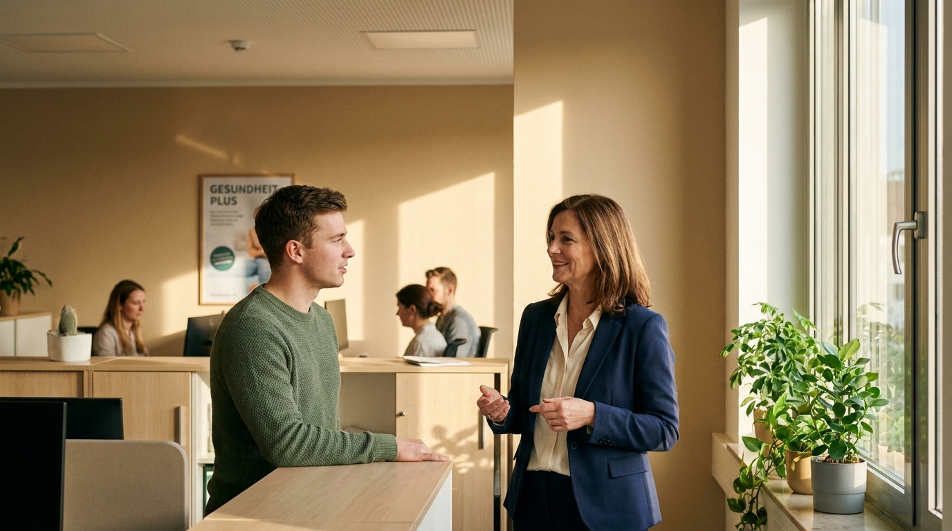 KI Avatar für gesetzliche Krankenkassen: Zusatzleistungen und Bonusprogramme 24/7 erklären: Hero-Visualisierung Krankenkassen-Kundenservice (Symbolische, KI-generierte Darstellung. Keine reale Aufnahme.)
