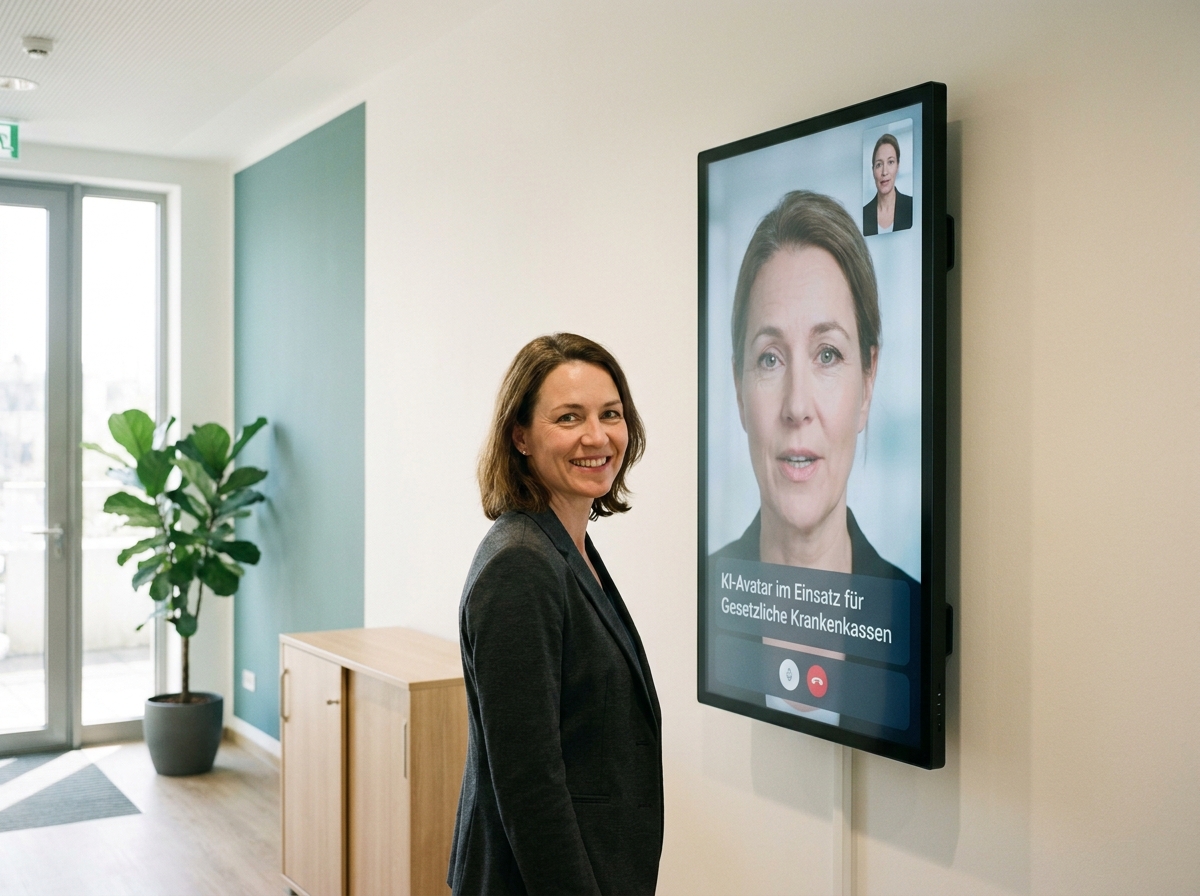 KI Avatar für gesetzliche Krankenkassen: Zusatzleistungen und Bonusprogramme 24/7 erklären: Interaktiver KI-Avatar im Krankenkassen-Self-Service im Einsatz (Symbolische, KI-generierte Darstellung. Keine reale Aufnahme.)