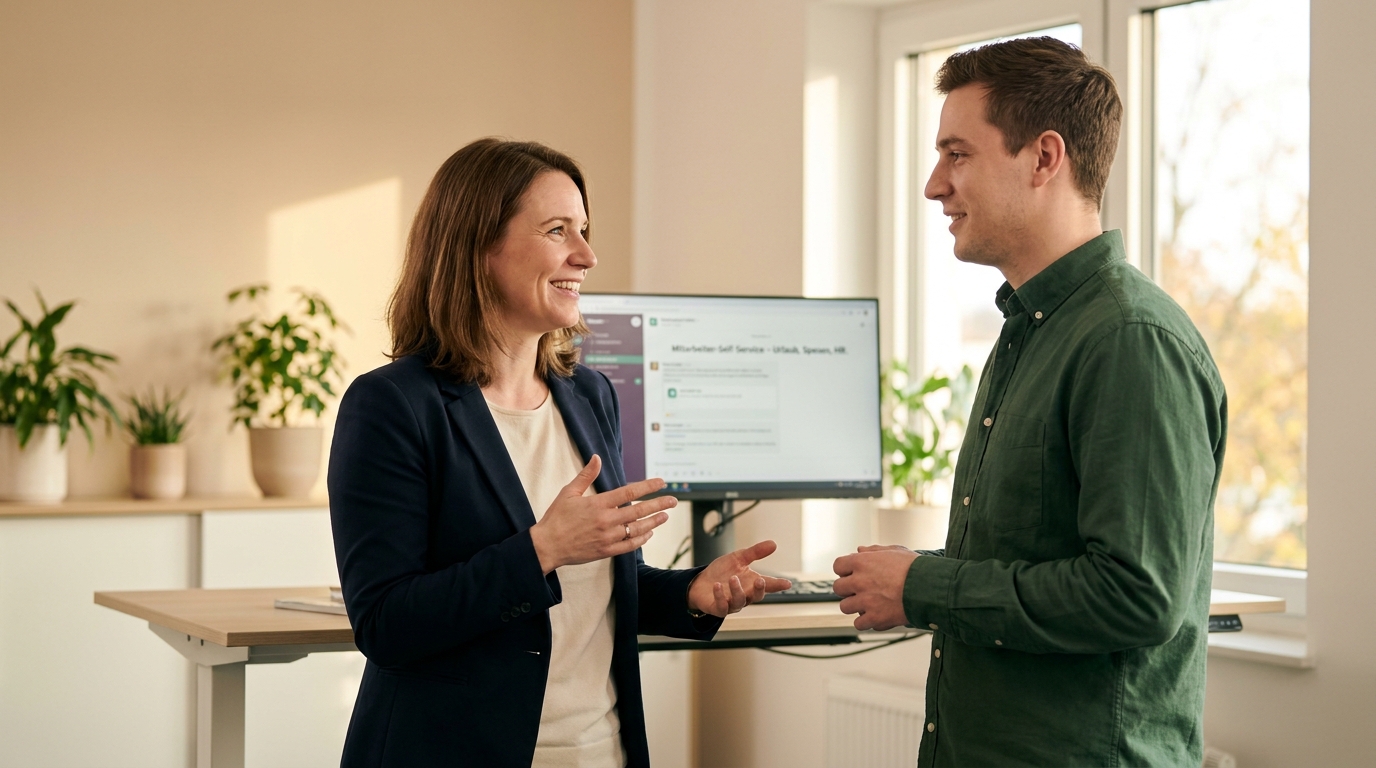 KI Avatar für Mitarbeiter-Self-Service: Urlaubsantrag, Spesenabrechnung und HR-Stammdaten im Teams-Chat: Hero-Visualisierung Mitarbeiter-Self-Service im Teams-Chat (Symbolische, KI-generierte Darstellung. Keine reale Aufnahme.)