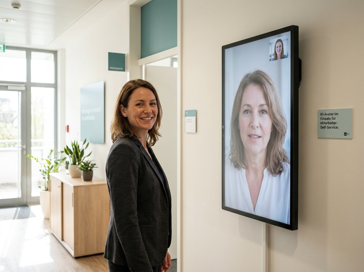 KI Avatar für Mitarbeiter-Self-Service: Urlaubsantrag, Spesenabrechnung und HR-Stammdaten im Teams-Chat: Interaktiver KI-Avatar im Teams-Chat für Urlaubsantrag im Einsatz (Symbolische, KI-generierte Darstellung. Keine reale Aufnahme.)