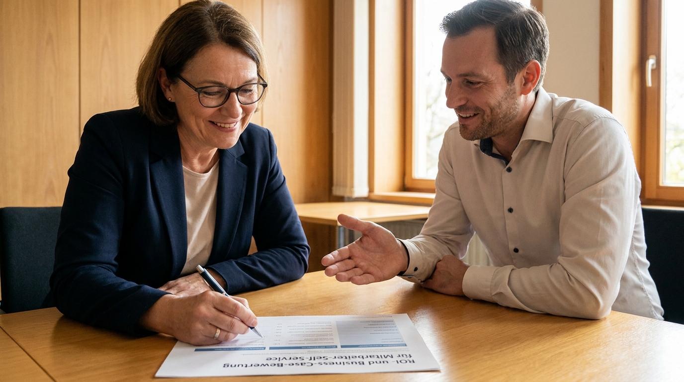 KI Avatar für Mitarbeiter-Self-Service: Urlaubsantrag, Spesenabrechnung und HR-Stammdaten im Teams-Chat: Wirtschaftlicher Effekt der HR-Standardprozess-Automation (Symbolische, KI-generierte Darstellung. Keine reale Aufnahme.)