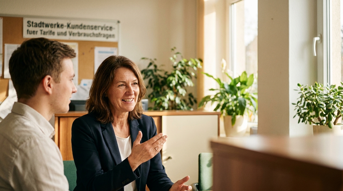 KI Avatar im Energieversorger-Kundenservice: Tarifwechsel, Verbrauchsfragen und Heizkostenabrechnung: Hero-Visualisierung Energieversorger-Kundenservice (Symbolische, KI-generierte Darstellung. Keine reale Aufnahme.)