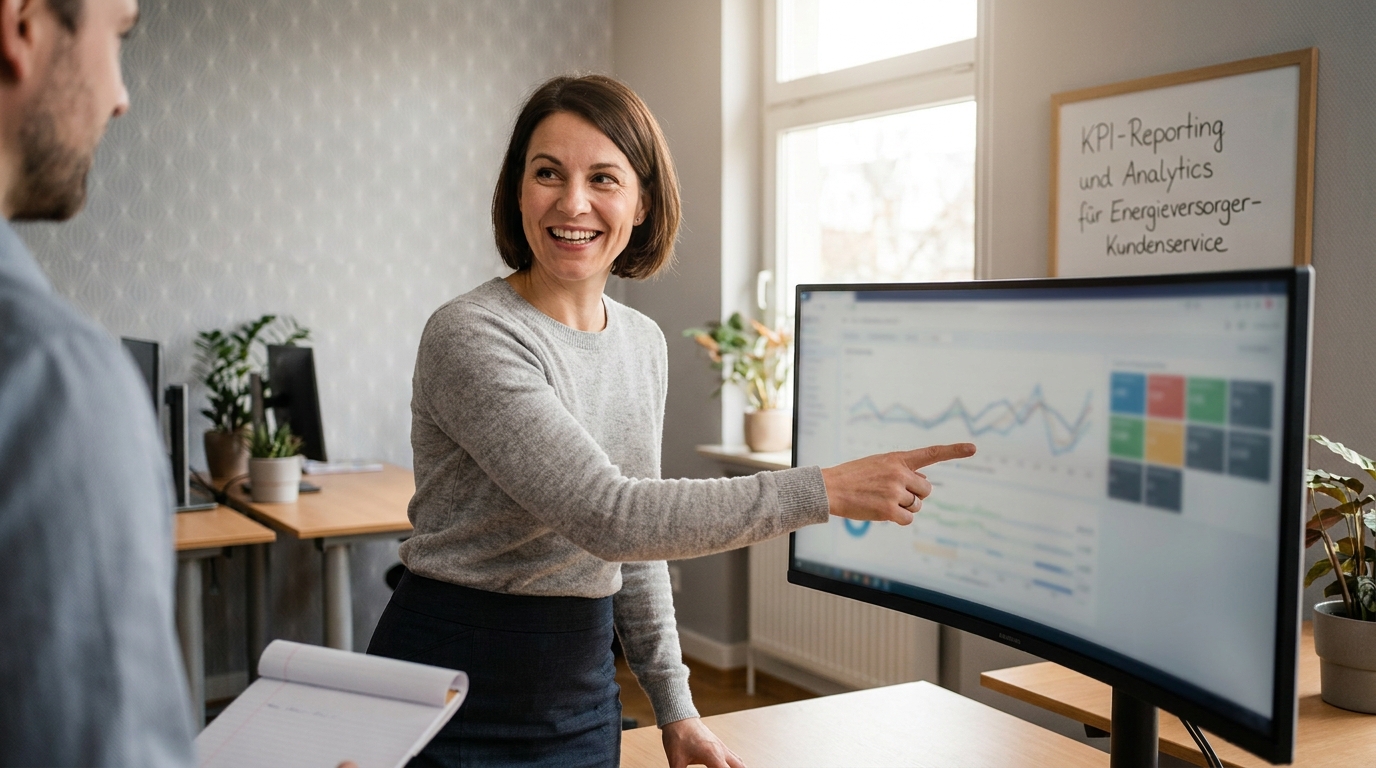 KI Avatar im Energieversorger-Kundenservice: Tarifwechsel, Verbrauchsfragen und Heizkostenabrechnung: Kundenservice-Analytics und First-Contact-Resolution-Dashboard (Symbolische, KI-generierte Darstellung. Keine reale Aufnahme.)