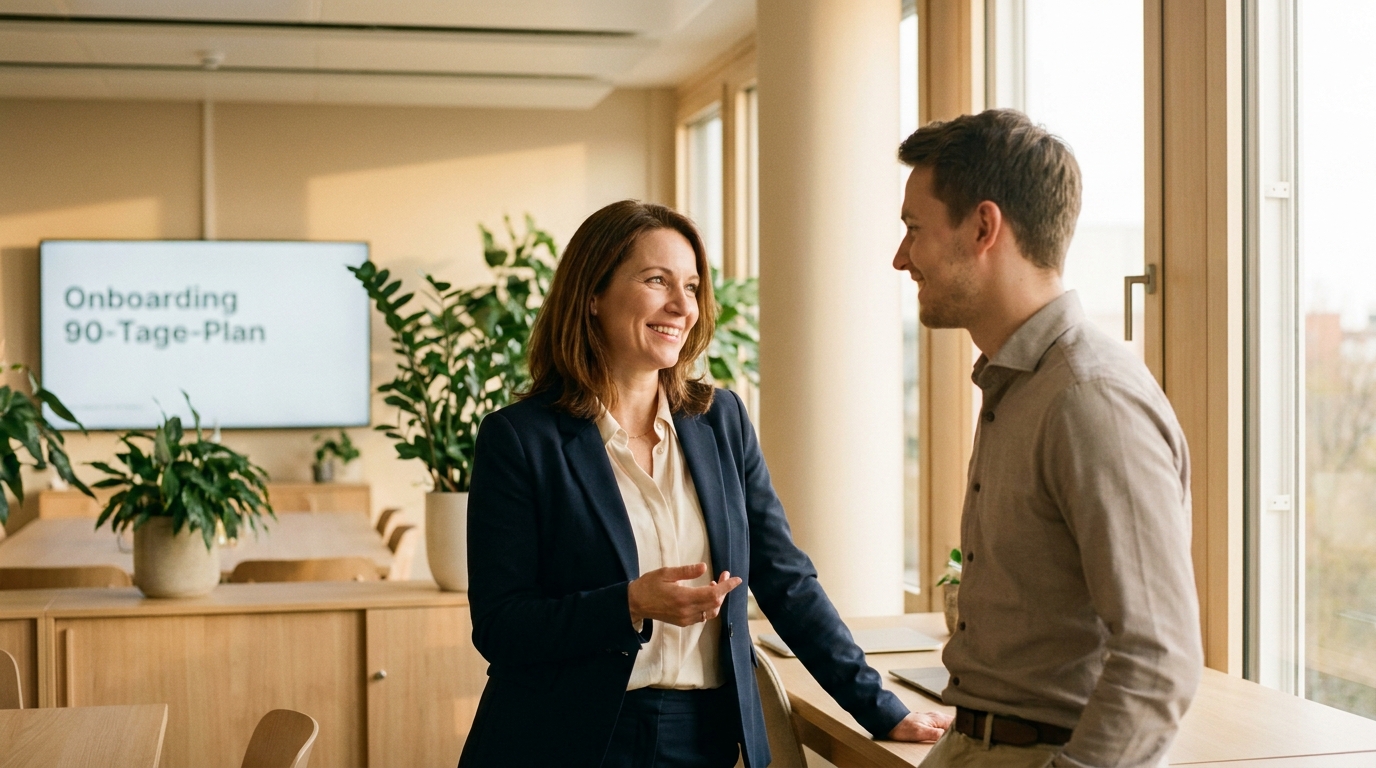 KI Avatar im Onboarding: 90-Tage-Plan für hybride und internationale Teams: Hero-Visualisierung Onboarding hybride Teams (Symbolische, KI-generierte Darstellung. Keine reale Aufnahme.)