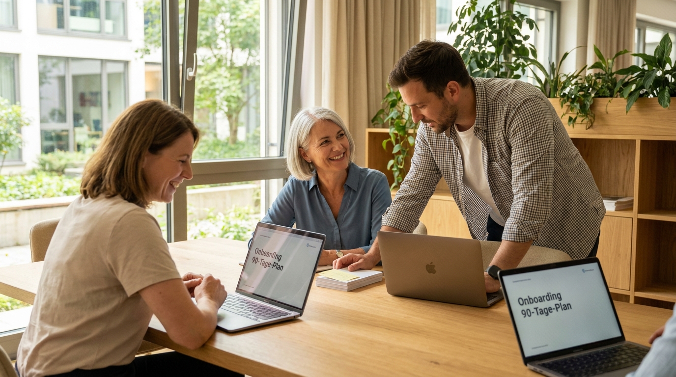 KI Avatar im Onboarding: 90-Tage-Plan für hybride und internationale Teams: Branchenkontext und neue Mitarbeitende (Symbolische, KI-generierte Darstellung. Keine reale Aufnahme.)