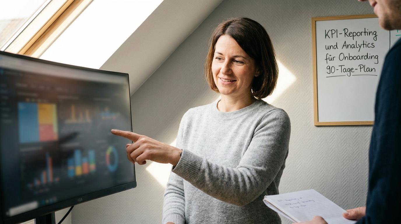 KI Avatar im Onboarding: 90-Tage-Plan für hybride und internationale Teams: Onboarding-Analytics und Time-to-Productivity-Dashboard (Symbolische, KI-generierte Darstellung. Keine reale Aufnahme.)