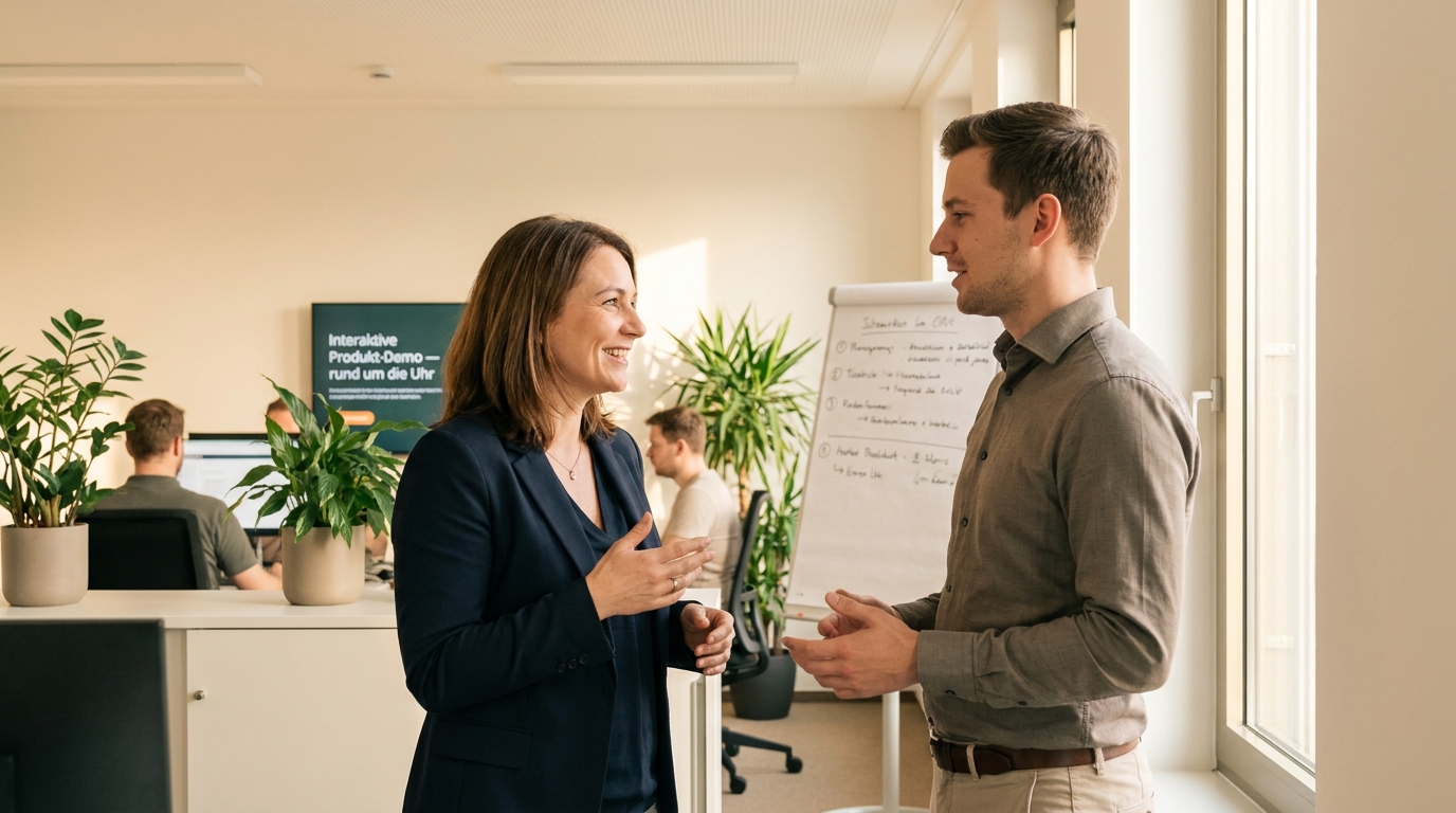 KI Avatar in der Produkt-Demo: Interaktive SaaS-Demo ohne Sales-Rep rund um die Uhr: Hero-Visualisierung interaktive SaaS-Produkt-Demo (Symbolische, KI-generierte Darstellung. Keine reale Aufnahme.)