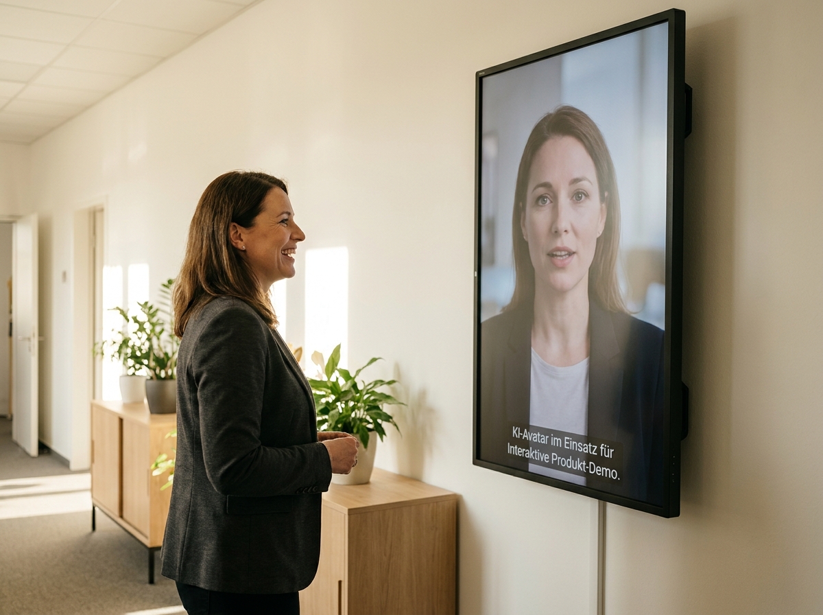 KI Avatar in der Produkt-Demo: Interaktive SaaS-Demo ohne Sales-Rep rund um die Uhr: Interaktiver KI-Avatar in der Self-Service-Demo im Einsatz (Symbolische, KI-generierte Darstellung. Keine reale Aufnahme.)