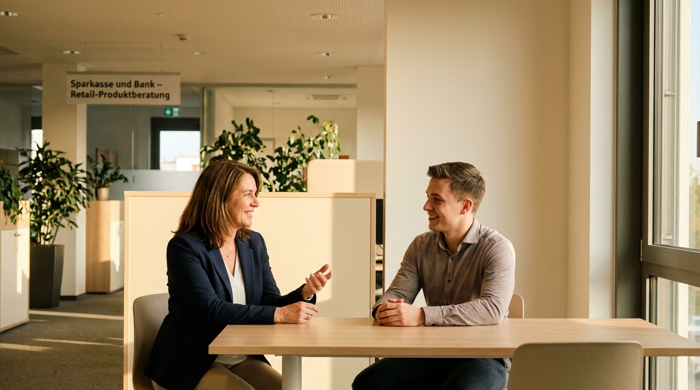 KI Avatar in der Sparkasse und Bank: Produktberatung und Online-Filiale für Retail-Kunden: Hero-Visualisierung Online-Filiale Retail-Banking (Symbolische, KI-generierte Darstellung. Keine reale Aufnahme.)