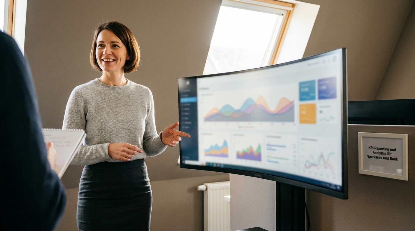 KI Avatar in der Sparkasse und Bank: Produktberatung und Online-Filiale für Retail-Kunden: Banking-Analytics und Beratungs-Dashboard (Symbolische, KI-generierte Darstellung. Keine reale Aufnahme.)