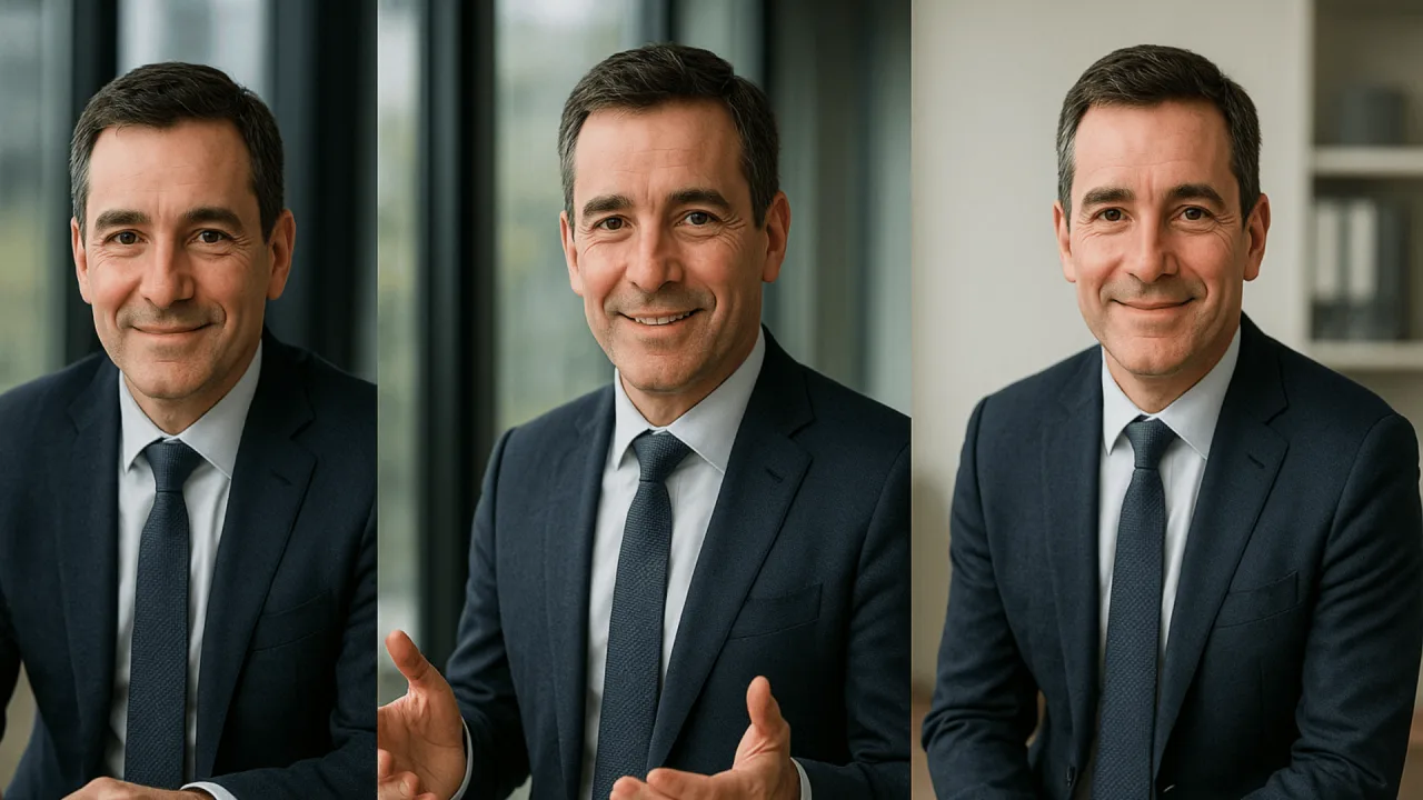 Dieselbe Person dreimal nebeneinander im Anzug, Sinnbild für den digitalen Zwilling