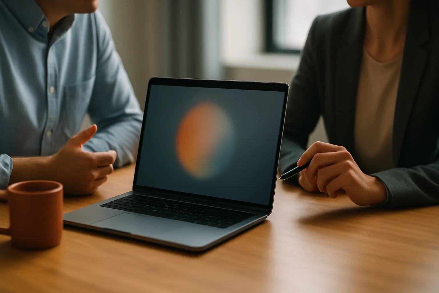 Zwei Personen sitzen an einem Besprechungstisch vor einem aufgeklappten Laptop