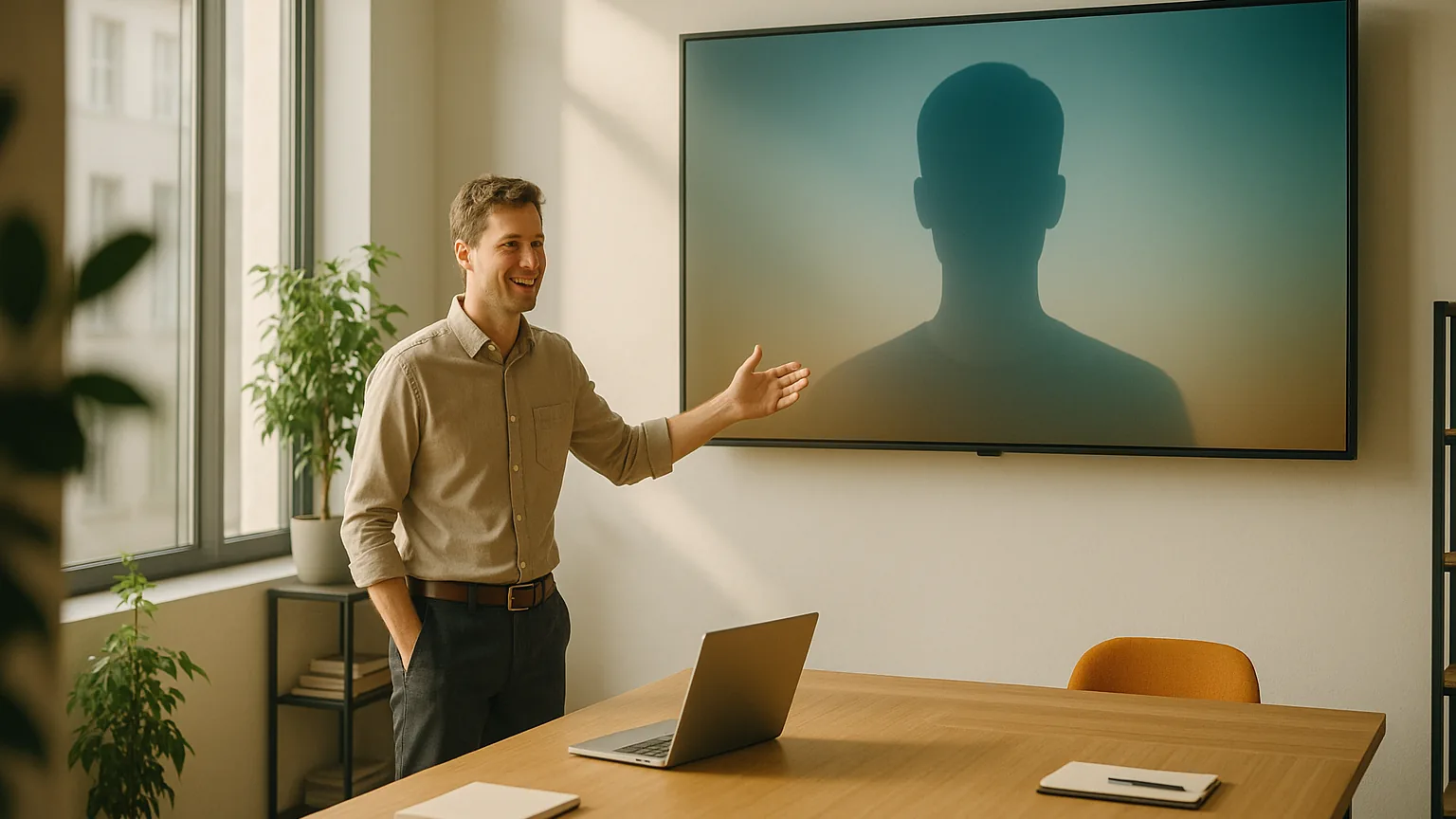 Person steht in einem hellen Besprechungsraum und zeigt auf einen Wandbildschirm mit einer angedeuteten Sprecherfigur Person steht in einem hellen Besprechungsraum und zeigt auf einen Wandbildschirm mit einer angedeuteten Sprecherfigur