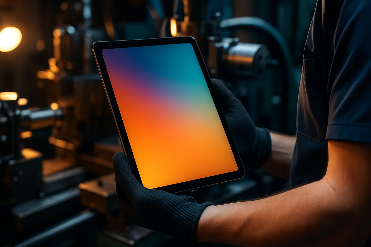 Person mit Arbeitshandschuhen hält ein Tablet in einer Werkstatt, im Hintergrund Maschinen