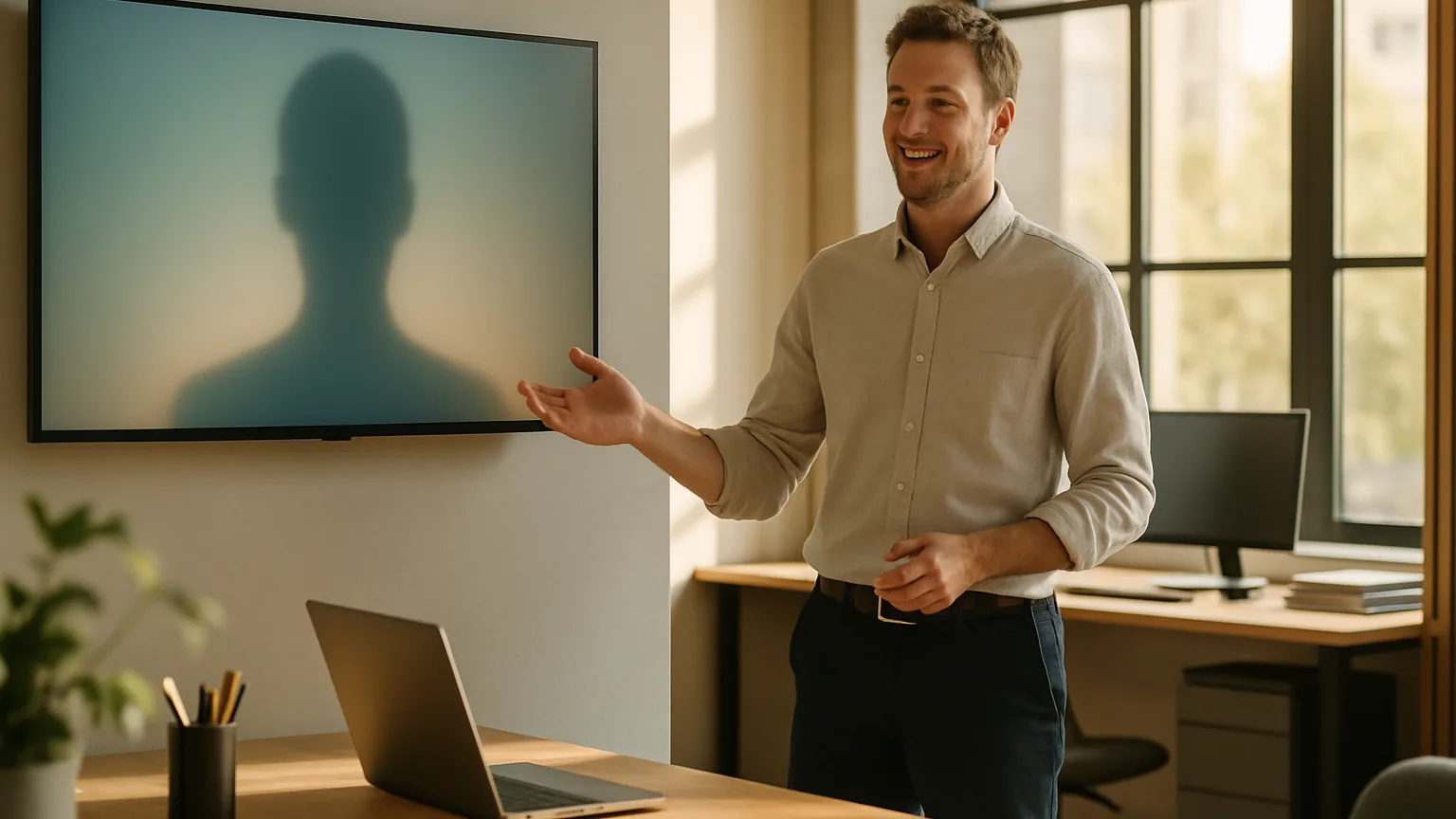Person steht neben einem Wandbildschirm und erklärt etwas, davor ein aufgeklappter Laptop Person steht neben einem Wandbildschirm und erklärt etwas, davor ein aufgeklappter Laptop