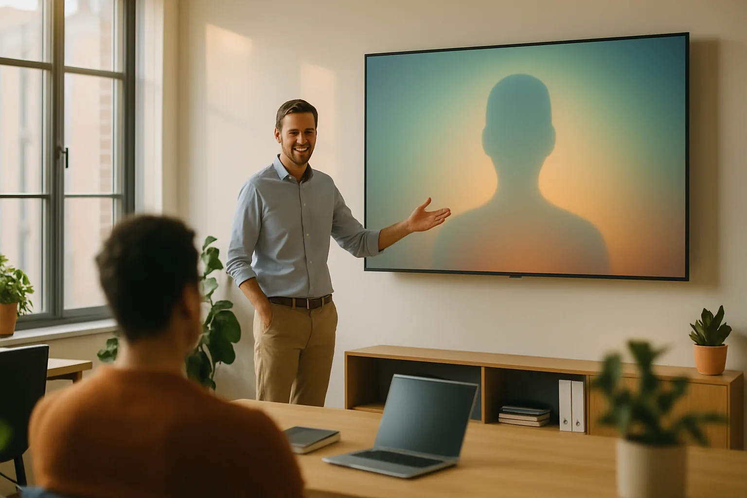 Person spricht in einem Besprechungsraum vor einem Wandbildschirm, auf dem eine Sprecherfigur angedeutet ist