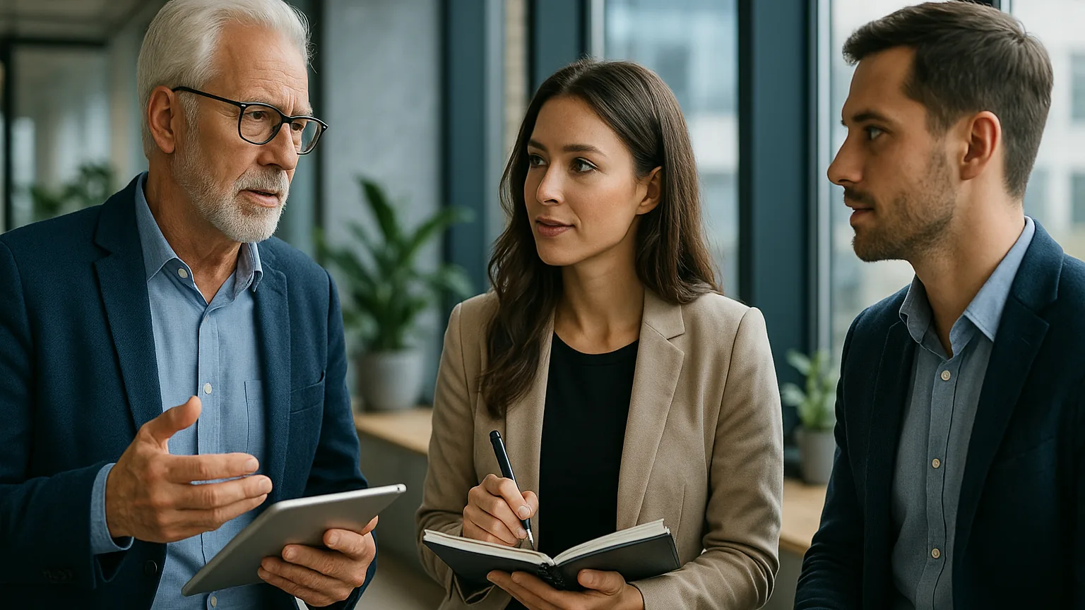 Drei Personen in Businesskleidung stehen im Büro zusammen und sprechen miteinander