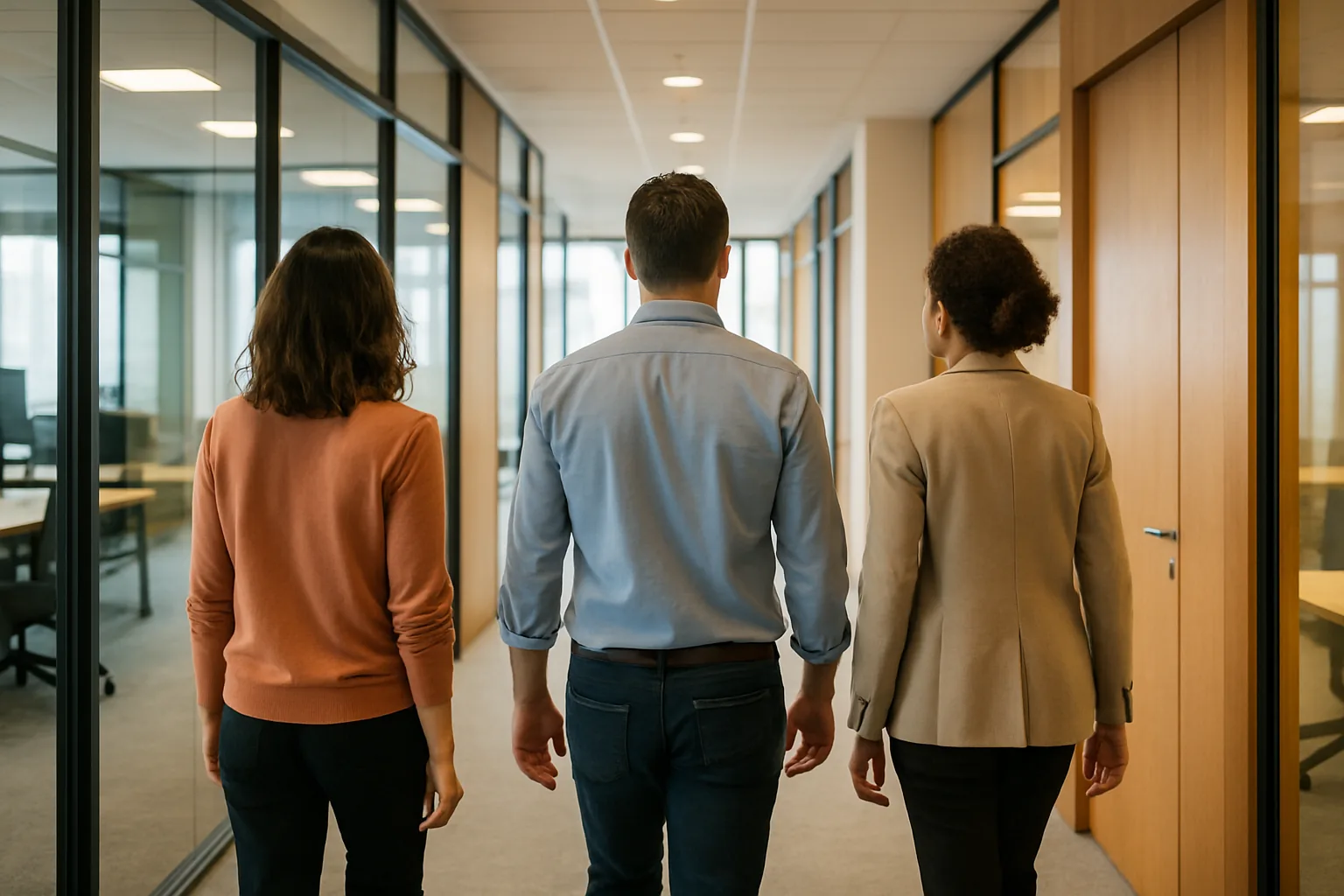 Drei Personen gehen einen hellen Bürogang entlang, von hinten aufgenommen