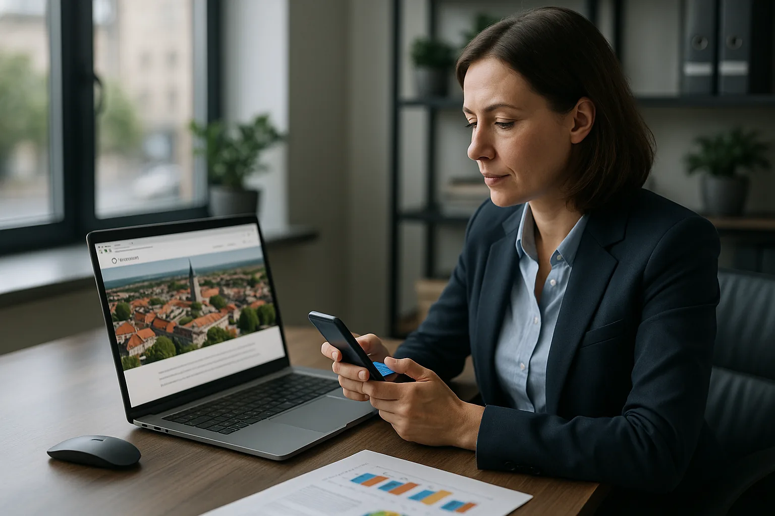 Person am Schreibtisch hält ein Mobiltelefon, daneben ein Laptop mit einer Bildergalerie