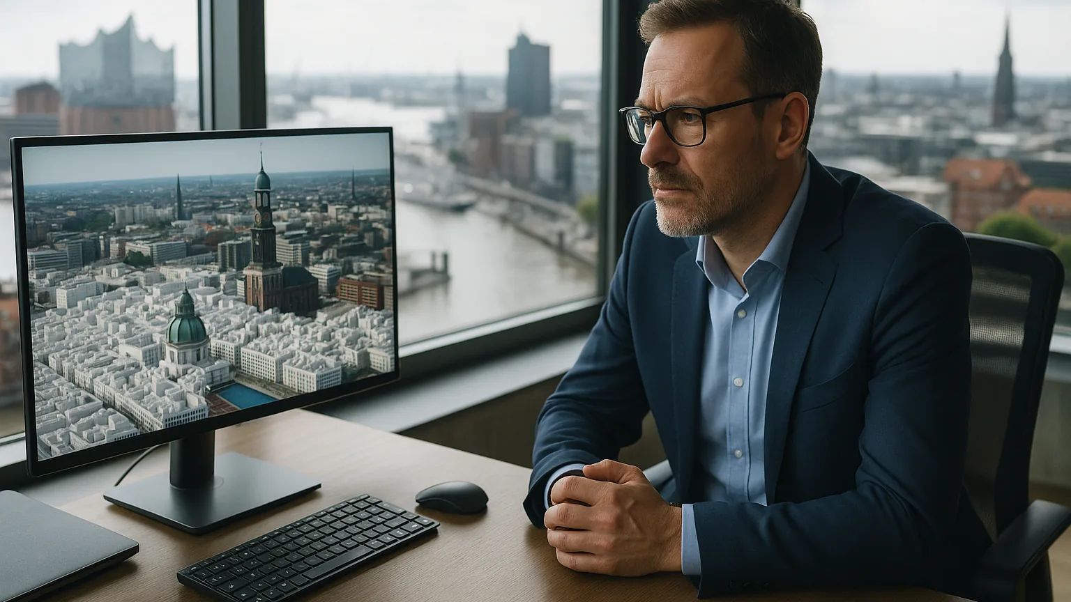 Person sitzt an einem Schreibtisch vor einem Monitor mit einer Stadtansicht, im Hintergrund ein Fenster mit Ausblick Person sitzt an einem Schreibtisch vor einem Monitor mit einer Stadtansicht, im Hintergrund ein Fenster mit Ausblick