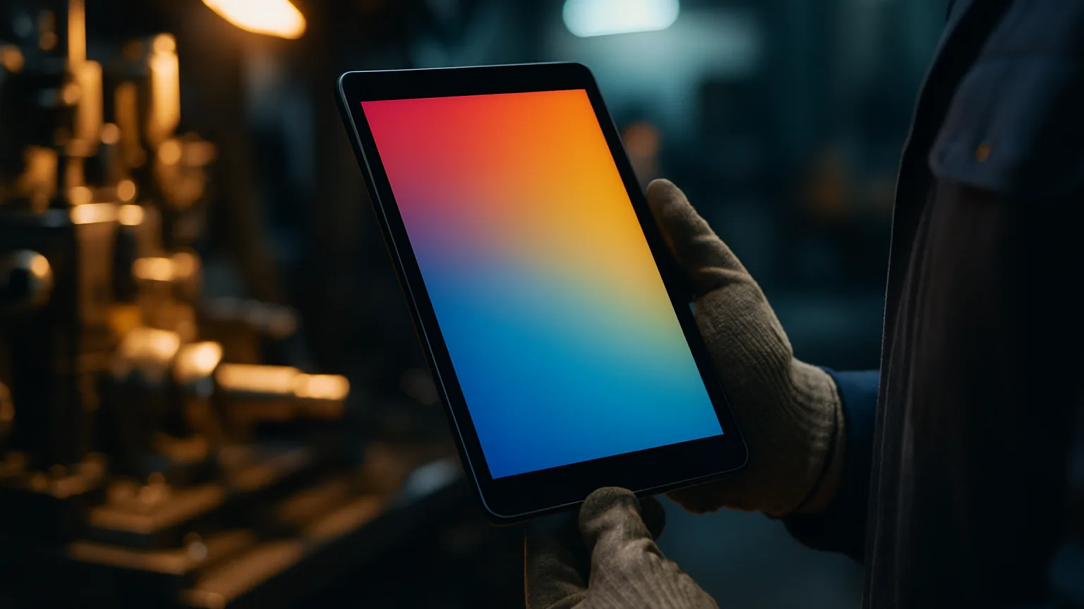 Hand mit Arbeitshandschuh hält ein Tablet vor Maschinenteilen in einer Werkstatt Hand mit Arbeitshandschuh hält ein Tablet vor Maschinenteilen in einer Werkstatt
