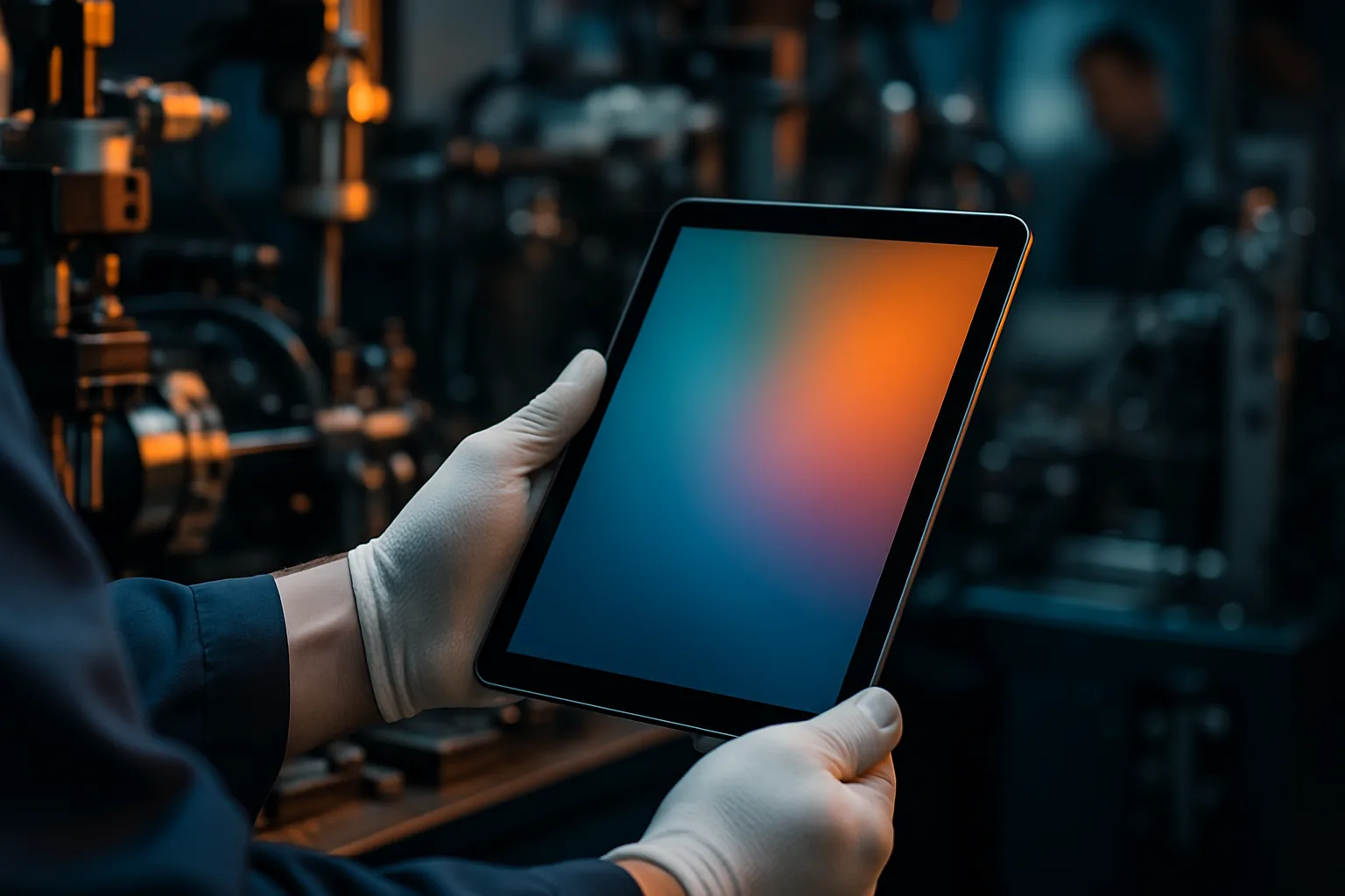 Person mit Schutzhandschuhen hält ein Tablet vor einer Fertigungsmaschine