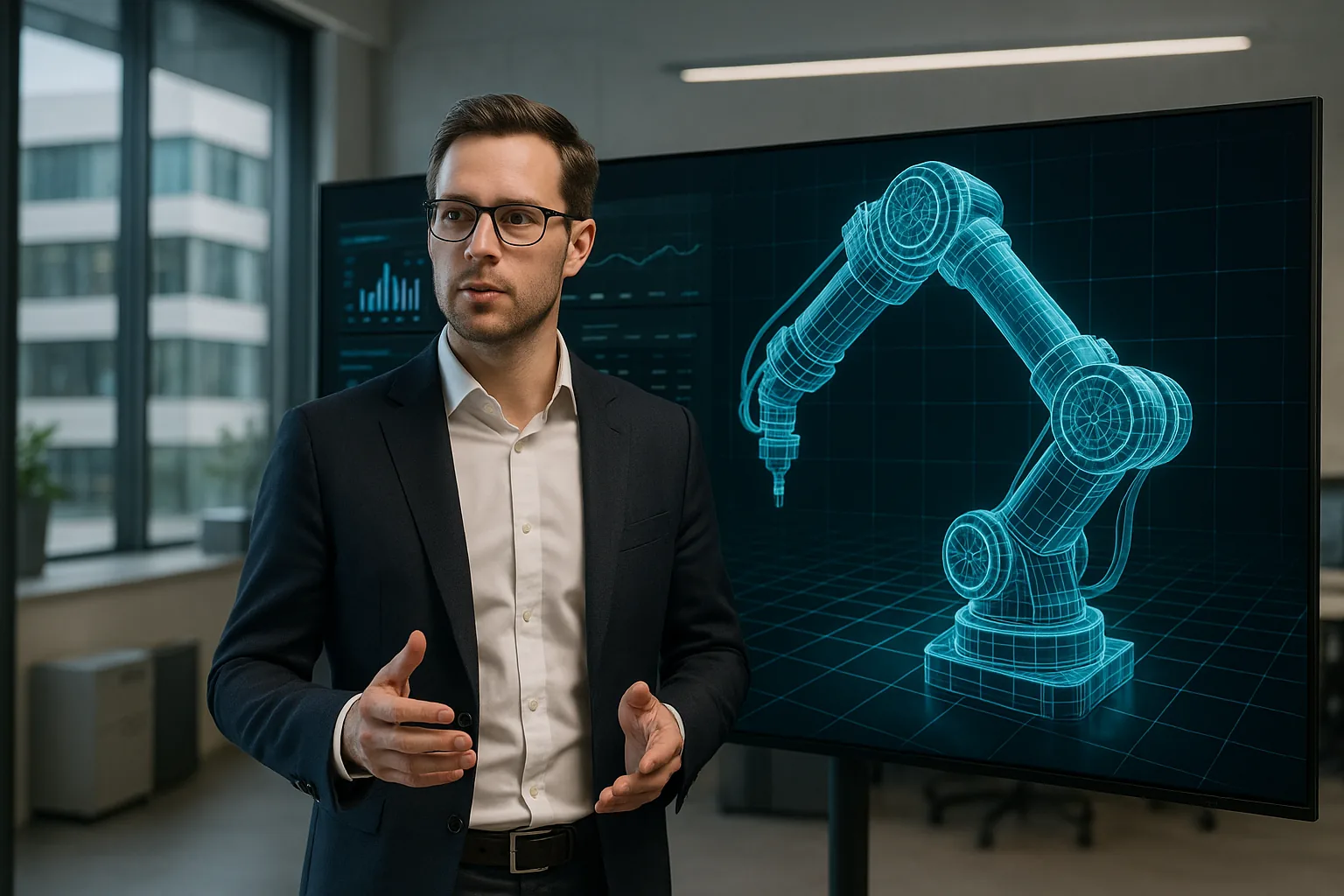 Person erklärt vor einem großen Bildschirm, auf dem ein Roboterarm dargestellt ist