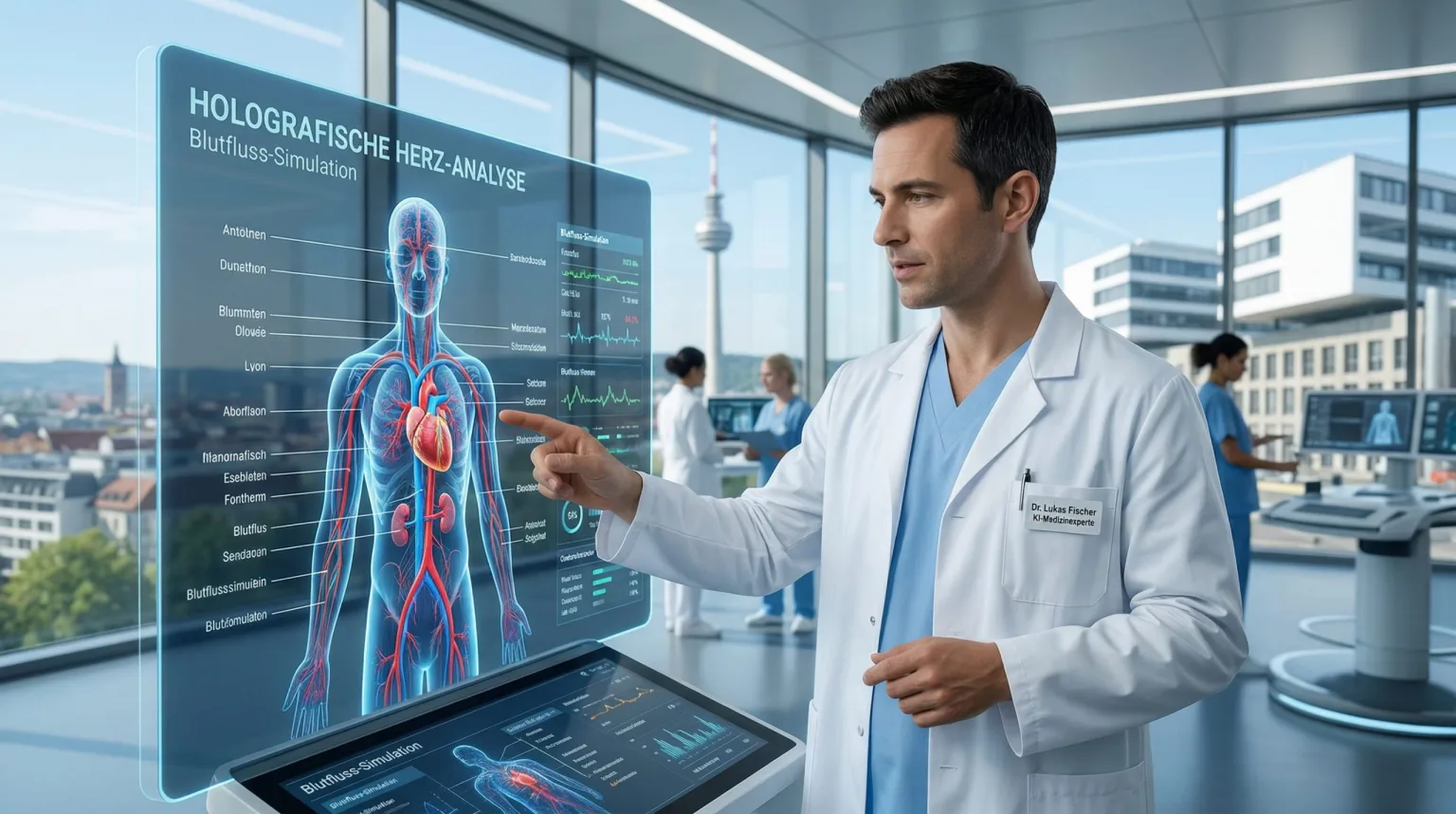 Bildschirm zeigt eine sprechende Person, davor sitzt ein Patient und schaut zu