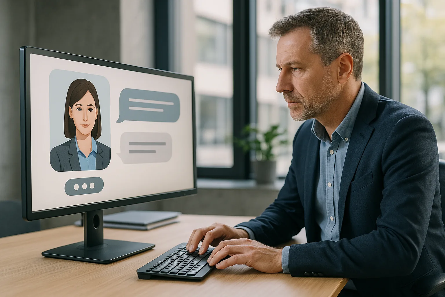Monitor auf einem Schreibtisch zeigt eine sprechende Person mit Chatfenster, davor eine Person an der Tastatur