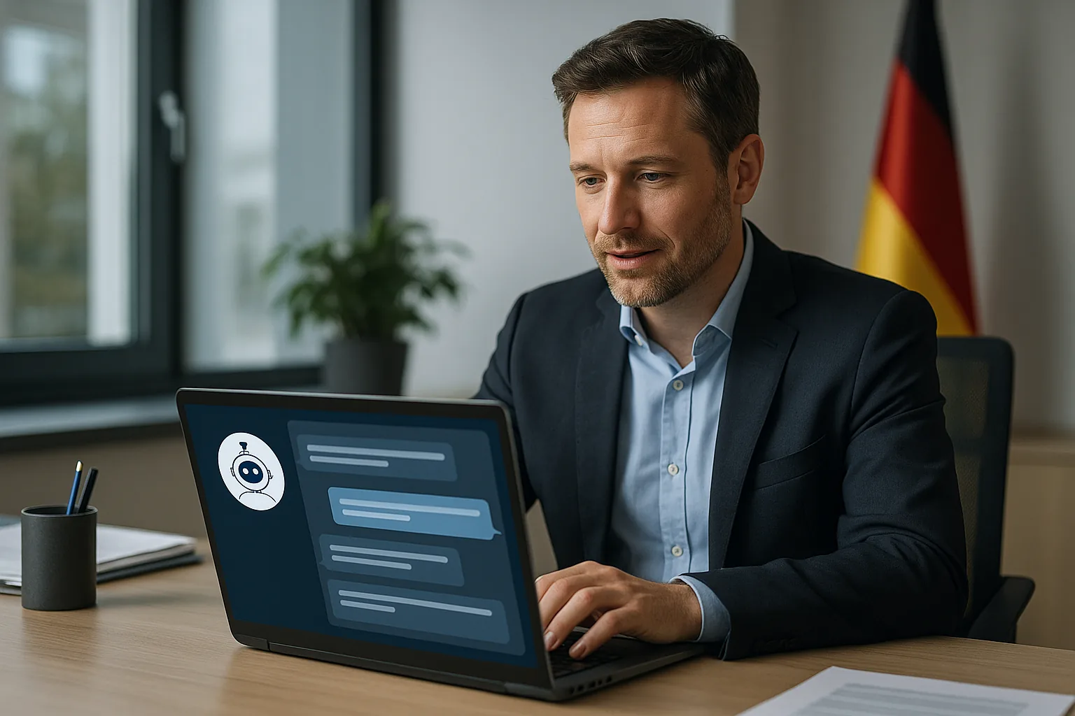 Person sitzt an einem Schreibtisch vor einem Laptop mit Chatfenster, im Hintergrund eine Deutschlandfahne