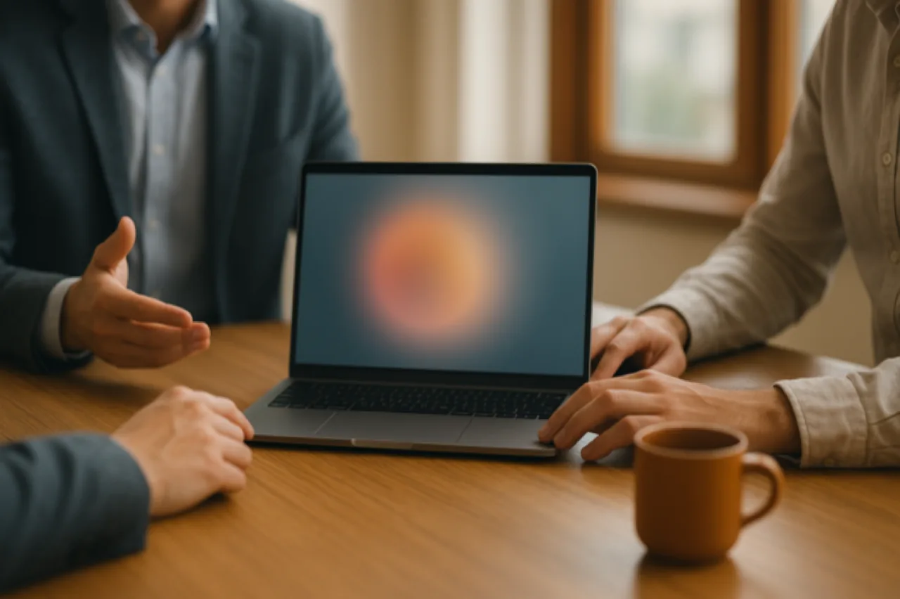 Zwei Personen sitzen an einem Holztisch, zwischen ihnen ein aufgeklappter Laptop, eine Hand deutet auf den Bildschirm